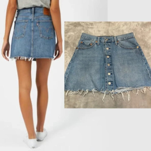 Levi's Light Wash Notch A-line Button Front Denim Mini Skirt 28775 - Picture 1 of 9